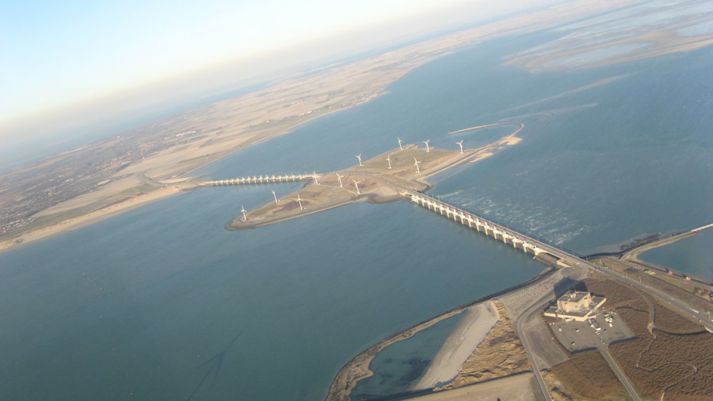 Eastern Schelde storm surge barrier from above.